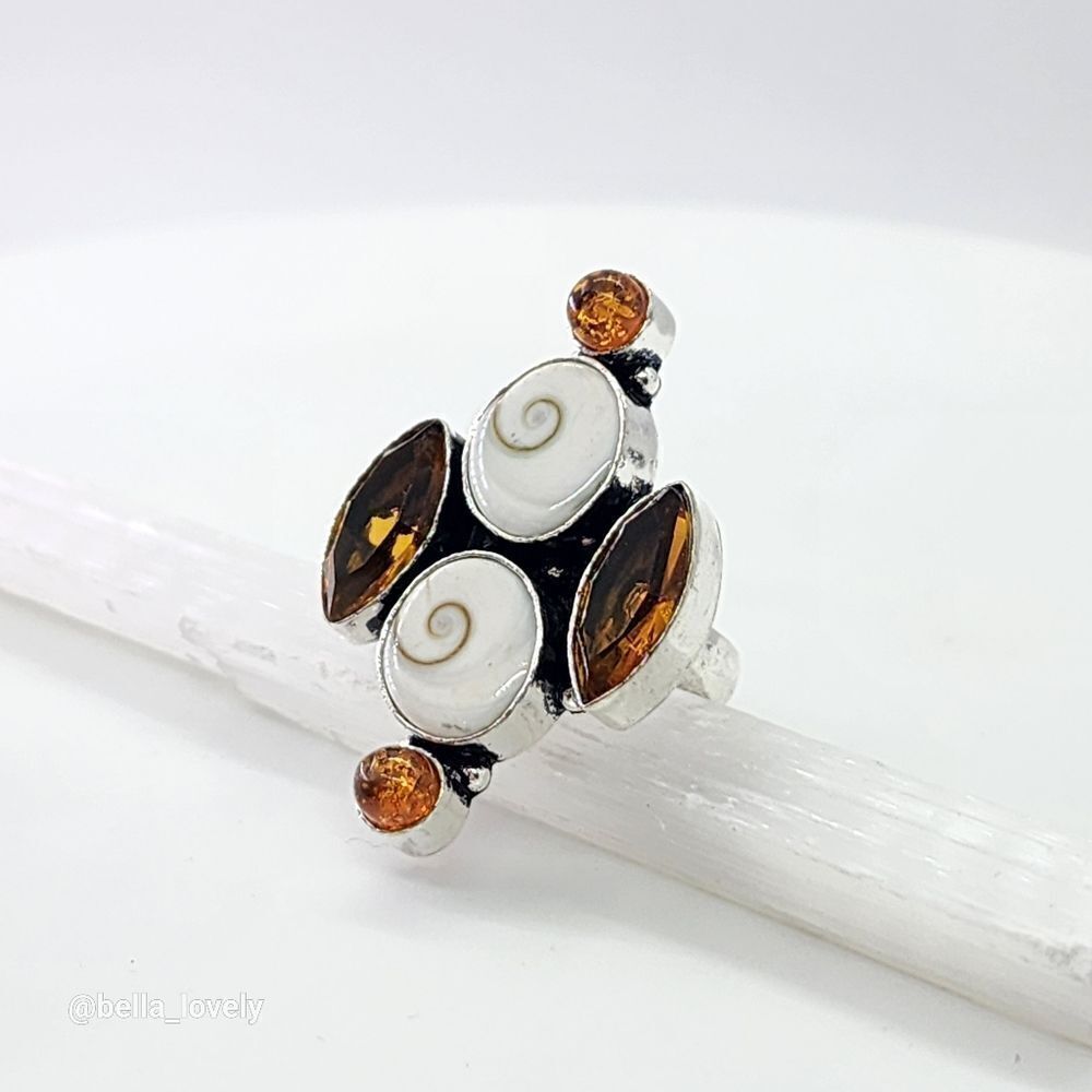 Shiva Eye Orange Citrine Amber Accents  Ethnic Handmade Ring Jewelry Size 7.75